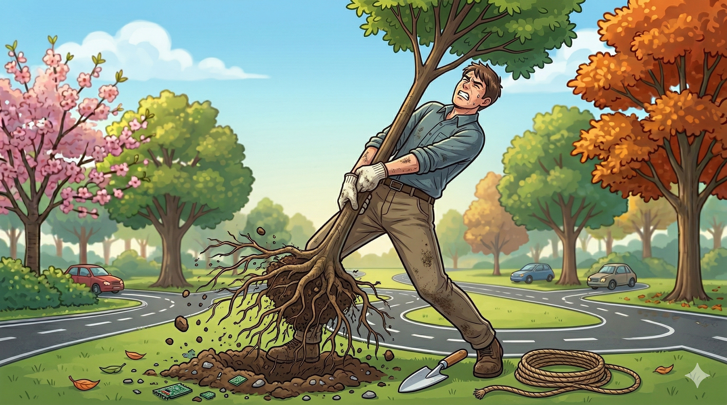 植木をひっこ抜く男の人